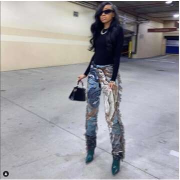 NIFTRIRY Women Hippie Tassel Pattern Printing Elastic Pants Folk Style Ninth Straight Pants Party Music Festival Wear