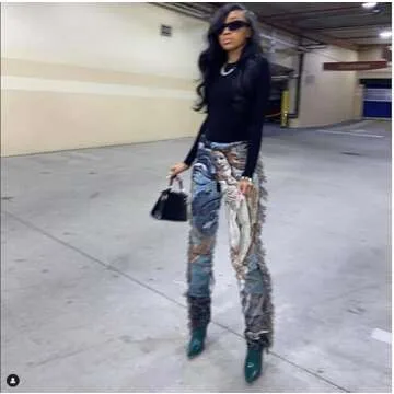 NIFTRIRY Women Hippie Tassel Pattern Printing Elastic Pants Folk Style Ninth Straight Pants Party Music Festival Wear