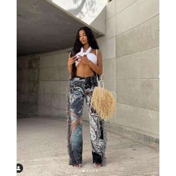 NIFTRIRY Women Hippie Tassel Pattern Printing Elastic Pants Folk Style Ninth Straight Pants Party Music Festival Wear