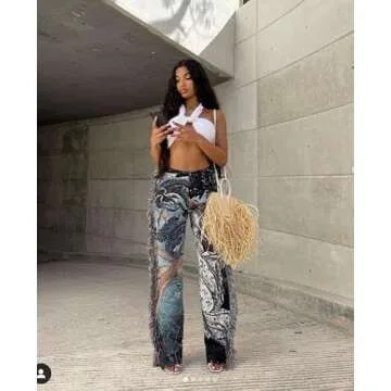 NIFTRIRY Women Hippie Tassel Pattern Printing Elastic Pants Folk Style Ninth Straight Pants Party Music Festival Wear