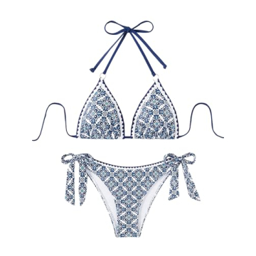 RoseSeek Boho Halter High Waisted Bikini Set - Blue & White