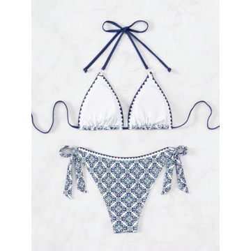 RoseSeek Boho Halter High Waisted Bikini Set - Blue & White