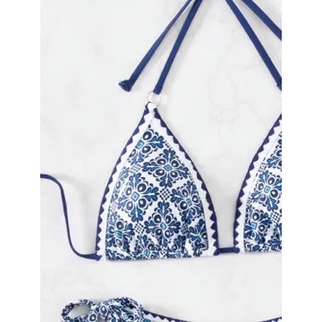 RoseSeek Boho Halter High Waisted Bikini Set - Blue & White