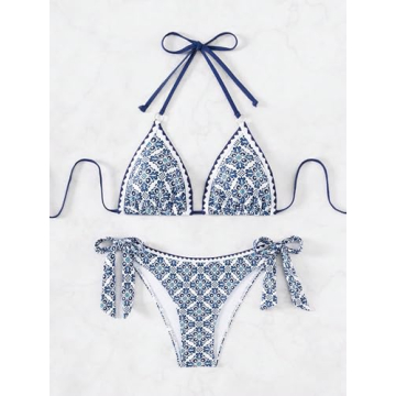 RoseSeek Boho Halter High Waisted Bikini Set - Blue & White