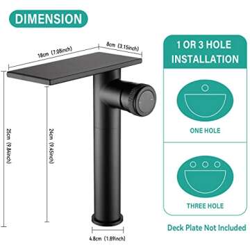 becola Modern Matte Black Bathroom Faucet，Tall Waterfall Faucet for Bathroom Sink，Single Hole Co...