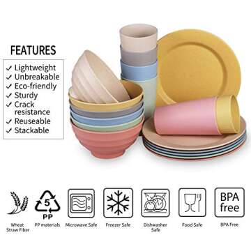 Cainfy Wheat Straw Dinnerware Set for 6, Upgraded Unbreakable Cereal Fruit Soup Rice Bowls Plates Mugs Sets for Outdoor Camping Dishwasher Microwave Safe