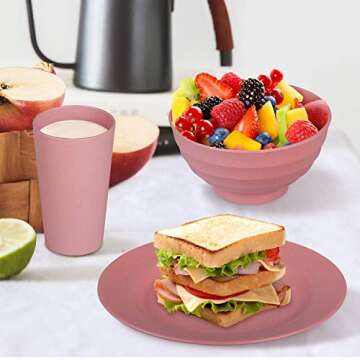 Cainfy Wheat Straw Dinnerware Set for 6, Upgraded Unbreakable Cereal Fruit Soup Rice Bowls Plates Mugs Sets for Outdoor Camping Dishwasher Microwave Safe