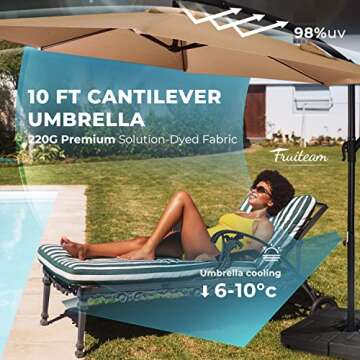 FRUITEAM 10FT Patio Offset Umbrella Cantilever Umbrella, Large Hanging Market Umbrella with Crank & Cross Bar, Waterproof UV Protection Outdoor Umbrella with Ventilation for Backyard, Garden