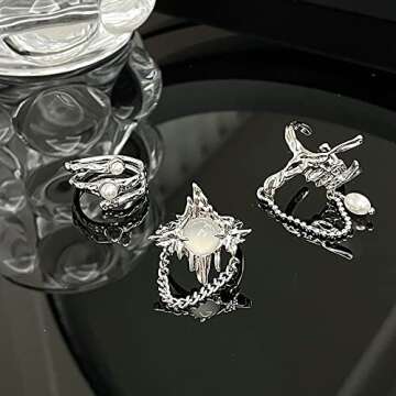 QXFQJT Y2k Moonstone Rings Rhinestone Star Irregular Agate Grunge Rings Set for Women (Style 2)