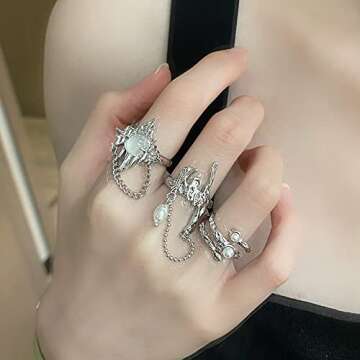 QXFQJT Y2k Moonstone Rings Rhinestone Star Irregular Agate Grunge Rings Set for Women (Style 2)