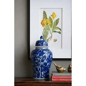 Sophisticated 18" Blue Cherry Blossom Porcelain Jar