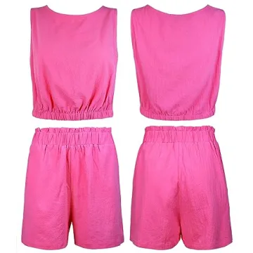 FANCYINN Women Summer 2 Piece Short Sets Sleeveless Round Neck Crop Top Tank Elastic Waistband Casual Shorts Solid Outfits With Pocket Rose Red M