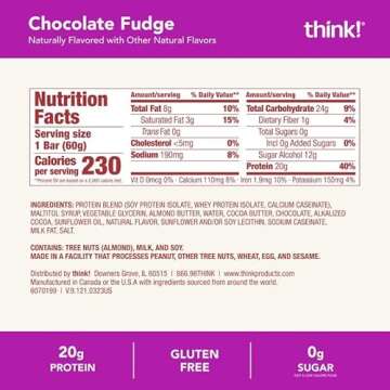 think! Protein Bars, High Protein Snacks, Gluten Free, Kosher Friendly, Chocolate Fudge, Nutrition Bars, 2.1 Oz per Bar, 10 Count (Packaging May Vary)