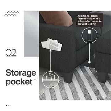 Sunrise Coast Living Room L Shaped 78" Modular Storage Ottoman 3 Seater Sofas Modern Small Sectional Couch with Dark Grey Linen Fabric, Snowflake