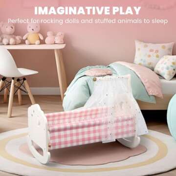 Pithfor Wooden Baby Doll Crib Set, Baby Doll Bed Toys for 18 Inch Dolls, with Bedding and Canopy, Baby Doll Furniture Accessories