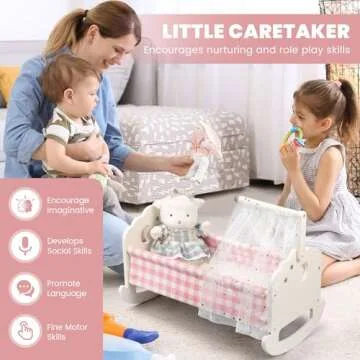 Pithfor Wooden Baby Doll Crib Set, Baby Doll Bed Toys for 18 Inch Dolls, with Bedding and Canopy, Baby Doll Furniture Accessories