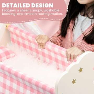 Pithfor Wooden Baby Doll Crib Set, Baby Doll Bed Toys for 18 Inch Dolls, with Bedding and Canopy, Baby Doll Furniture Accessories