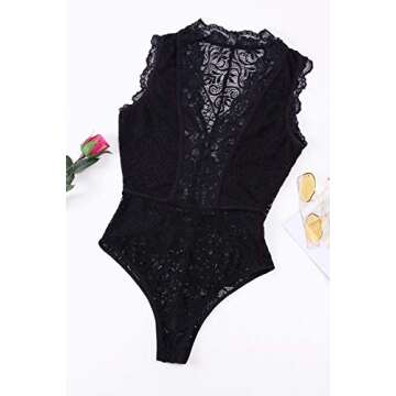 QUEENIE VISCONTI Women Lace Lingeries Nightwear Sheer Bodysuits V Neck Push up Teddy Rompers M Black
