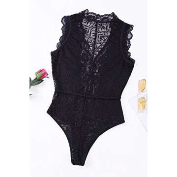 QUEENIE VISCONTI Women Lace Lingeries Nightwear Sheer Bodysuits V Neck Push up Teddy Rompers M Black