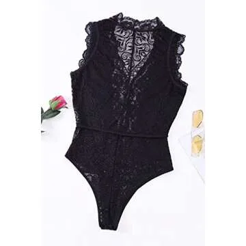 QUEENIE VISCONTI Women Lace Lingeries Nightwear Sheer Bodysuits V Neck Push up Teddy Rompers M Black