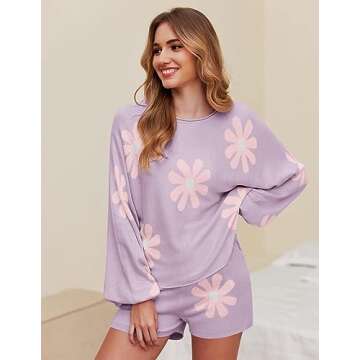 Ekouaer Knit Pajamas Set for Women Lounge Sets Long Sleeve Sweatsuit Matching 2 Piece Outfits Cute Sweater Sets Floral Purple XL