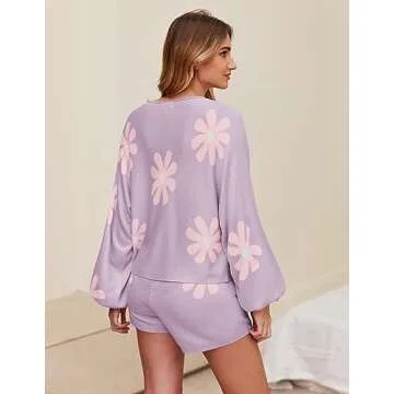 Ekouaer Knit Pajamas Set for Women Lounge Sets Long Sleeve Sweatsuit Matching 2 Piece Outfits Cute Sweater Sets Floral Purple XL