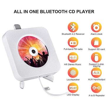 Portable CD Player with Bluetooth, Qoosea Wall Mountable CD Players Music Player Home Audio Boombox ...