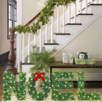 ATDAWN 4 Pcs Noel Sign Christmas Decoration, Lighted Noel Yard Display Set, Noel Nativity Set, Noel Yard Sign for Christmas Indoor Lawn Decor, Green