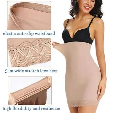 WOWENY Half Slips for Women Under Dresses Tummy Control Shapewear High Waist Slimming Seamless Invisible Underwear Skirt (lace beige, medium)