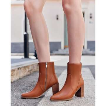LAICIGO Women's Pointed Toe Ankle Boots Chunky Stacked Heel Side Zipper Faux Leather Ankle Booties, ...