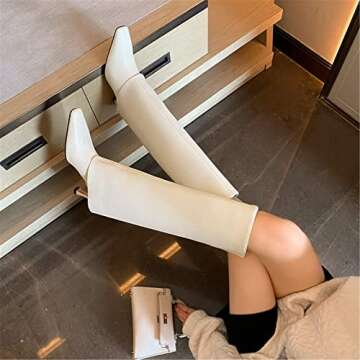 Goolita Women's Stiletto Heel Knee High Boots Square Toe Slip On Fold Over Boots For Women Leather Comfortable Dress Tall Boots