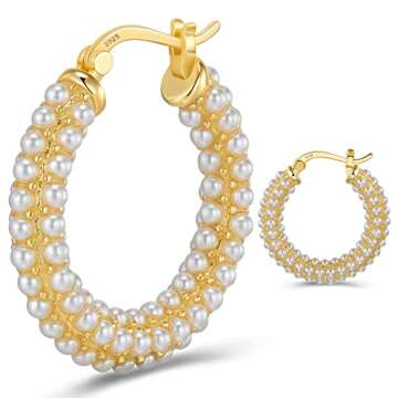 925 Sterling Silver Post Hoop Earrings for Women Pearl Chunky Gold Plated Hoop Earrings Christmas Bi...