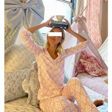Yiulangde Women Monkey Pajamas Preppy Pjs Cute 2 Piece Floral Pj Pants Set Y2k Button up Long Sleeve...