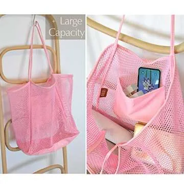 HOXIS Mesh Beach Tote Womens Shoulder Handbag (Pink)