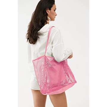 HOXIS Mesh Beach Tote Womens Shoulder Handbag (Pink)
