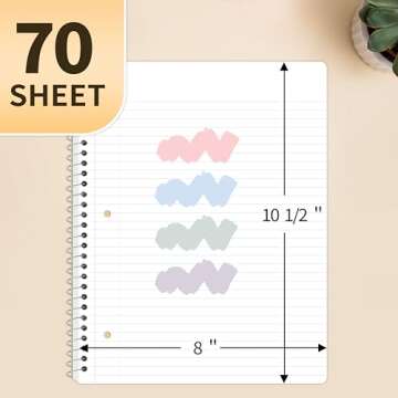 SUNEE Spiral Notebooks College Ruled, 1-Subject, 4 Pack, 8 x 10-1/2 in, 70 Sheets, 3-Hole Punched Pa...