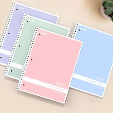 SUNEE Spiral Notebooks College Ruled, 1-Subject, 4 Pack, 8 x 10-1/2 in, 70 Sheets, 3-Hole Punched Paper, Pastel Pink, Purple, Blue, Green for School, Home&Office,Writing Journal