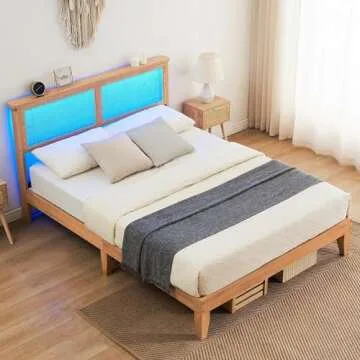 coucheta Rattan Bed Frame Queen with Natural Rattan Headboard,Queen Bed Frame with LED Lights,Rattan Queen Bed Frame with Headboard,Solid Wood Foundation with Silent Slats,No Box Spring Needed(Queen)