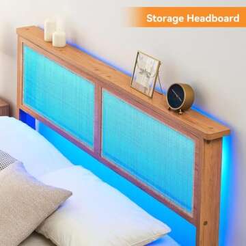 coucheta Rattan Bed Frame Queen with Natural Rattan Headboard,Queen Bed Frame with LED Lights,Rattan Queen Bed Frame with Headboard,Solid Wood Foundation with Silent Slats,No Box Spring Needed(Queen)