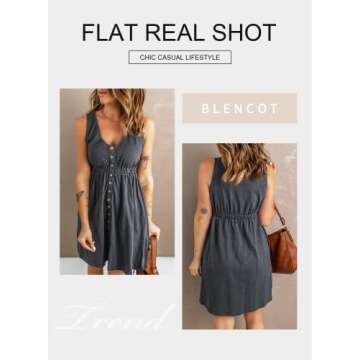 BLENCOT Summer V Neck Button Down Tank Dresses for Women Casual Sleeveless A-Line Swing Short Dress ...