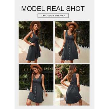 BLENCOT Summer V Neck Button Down Tank Dresses for Women Casual Sleeveless A-Line Swing Short Dress Gray 2XL