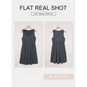 BLENCOT Summer V Neck Button Down Tank Dresses for Women Casual Sleeveless A-Line Swing Short Dress Gray 2XL