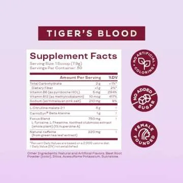 Bloom Nutrition Pre Workout Powder for Women by Leana Deeb - Preworkout Focus Blend with Amino Acids, Beta Alanine, Ginseng, L-Tyrosine & Natural Caffeine - Sugar Free & Keto Drink Mix (Tiger's Blood)