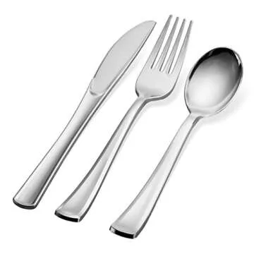 300 Plastic Silverware Set - Silver Cutlery Set - Disposable Flatware Set - 100 Forks - 100 Spoons -...
