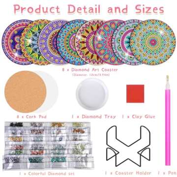 Billbotk Diamond Art Painting Coasters Kit, 8 Pieces Mandala Diamond Art Coasters with Holder, DIY Diamond Mandala Coasters for Beginners, Kids