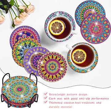 Billbotk Diamond Art Painting Coasters Kit, 8 Pieces Mandala Diamond Art Coasters with Holder, DIY Diamond Mandala Coasters for Beginners, Kids