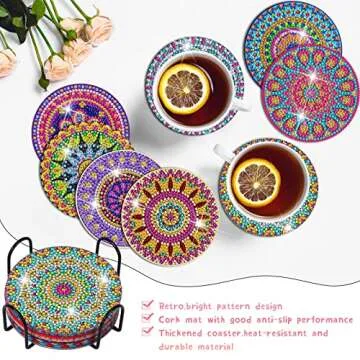 Billbotk Diamond Art Painting Coasters Kit, 8 Pieces Mandala Diamond Art Coasters with Holder, DIY Diamond Mandala Coasters for Beginners, Kids