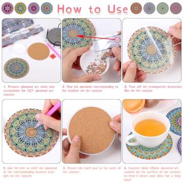 Billbotk Diamond Art Painting Coasters Kit, 8 Pieces Mandala Diamond Art Coasters with Holder, DIY Diamond Mandala Coasters for Beginners, Kids