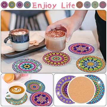 Billbotk Diamond Art Painting Coasters Kit, 8 Pieces Mandala Diamond Art Coasters with Holder, DIY Diamond Mandala Coasters for Beginners, Kids