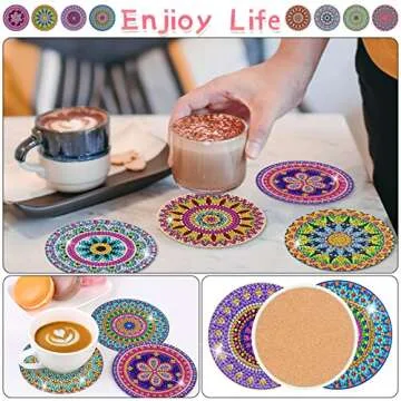 Billbotk Diamond Art Painting Coasters Kit, 8 Pieces Mandala Diamond Art Coasters with Holder, DIY Diamond Mandala Coasters for Beginners, Kids